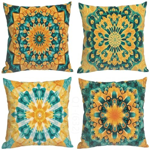 Nordeuropa Kissenbezug 80x80 cm, Outdoor Kissen Gelb Muster Design, 4er Set Doppelseitig HD Drucken Wetterfest Leinen Kissenbezüge mit Unsichtbarem Reißverschluss für Outdoor Deko Kissen Aesthetic