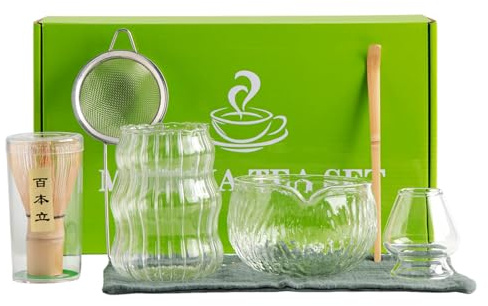 Loyimioo Matcha Set Whisk and Bowl 7 Piece Glass & Natural Bamboo Tea Kit Matcha Making Starter Kit with Matcha Whisk Holder Matcha Bowl Scoop and Strainer Bowl Spout Design Relaxing Ritual