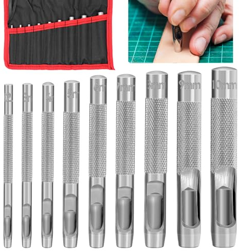 NVGFTG 9 Stück Locheisen Set Runde Lochstanzer Leder Stahllocheisen Hohl Locher 2,5-10 mm Stanzwerkzeug Set Hohl Punch Set, für Leder Uhrenarmband Dichtung Gürtel Schuh Stoff Leinwand Kleidung