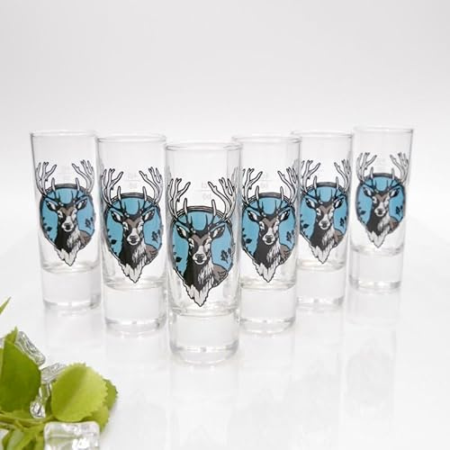 Set di 6 bicchieri da liquore – Design testa di cervo – 6,5 cl con 2 cl & 4 cl tacca – a scelta puro o misto colorato – Idea regalo per feste e amici, uomini e donne, cervo celeste GTK27.30.43