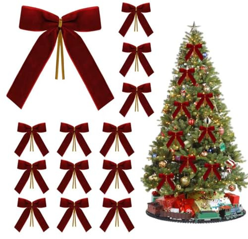 SUFANG 12 Stück Rote Samt Schleifen Weihnachtsbaum, Rote Weihnachten Schleifen, Weihnachtsbaum Deko,Weihnachtsbaumschmuck,für Girlande, Zaun, Haustür, Kamin, Geschenke (12.5x15.5 cm)