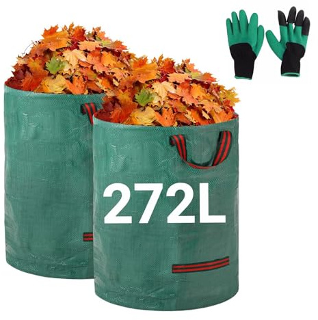 2x272L Gartensack Laubsack Gartenabfallsack Stabil Selbststehend mit 4 Griffen,Robust,Faltbar & Wasserdicht Wiederverwendbar & Faltbar für Grünschnitt, Laub, Rasenschnitt, Gartenabfälle(inkl Handschu)