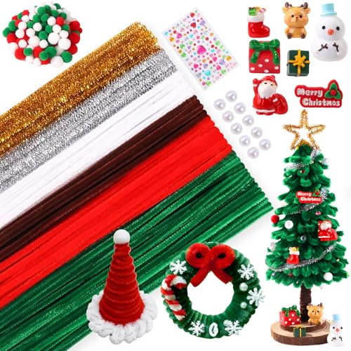 XIMISHOP Weihnachten Pfeifenreiniger Zum Basteln, Bunte Christmas Pfeifenputzer Selbstklebend mit Plüschkugel Chenilledraht mit Weihnachten Mini Figure Harz für Weihnachten DIY Basteln und Dekorieren