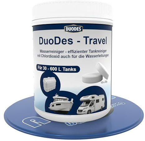 DuoDes Travel Wassertank Reiniger Tabletten - Tankreinigung & Wasserpflege für Wohnmobil, Caravan, Boot - Desinfektion gegen Biofilm, Bakterien & Algen - Für 30-600 L Tanks