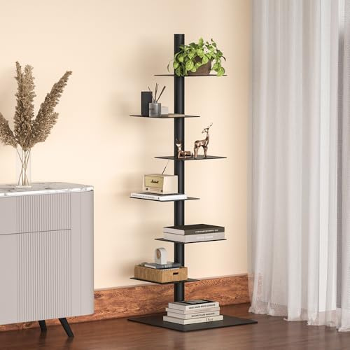 Nidouillet 6 Tier Tall Narrow Metal Bookshelf, Vertical Tower Bookcase with Adjustable Shelves, Space Saving Corner Book Shelf Storage Display Rack, Tool Free Assembly