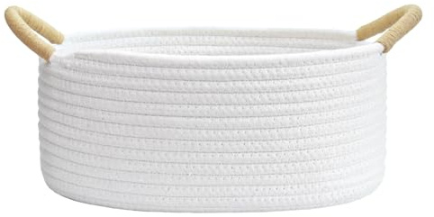 Dermalyx White Woven Cotton Basket Oval, Small Storage Basket With Handle, Foldable Decorative Basket For Baby Toys, Cat And Dog Toys, 30x20x13cm