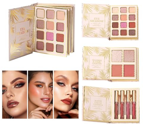 Palette di Trucco con Effetto Glitter 12 Colori Ombretti | Ombretti Scintillanti Stile Libro con 4 Fard e 4 Lip Gloss Per Viaggi Feste Palco E Fotografia