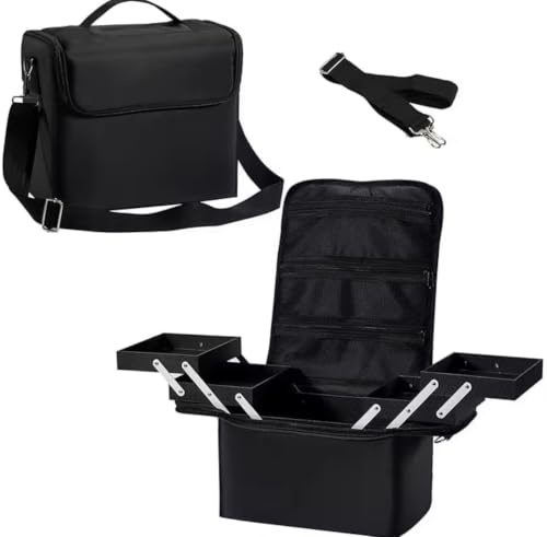 Maleta de Maquillaje Profesional, Maletín Cosmético Negro con Bandeja Expandible y Compartimentos Desplegables, Estuche Portátil 28x27x20 cm