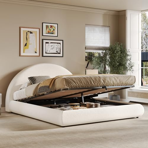Zravenna Stauraumbett Polsterbett 180x200cm mit Bettkasten, großem Stauraum, Doppelbett Funktionsbett mit Lattenrost, gepolstertes Kopfteil mit geschwungene Design, Bouclé (Beige, 180 * 200cm)