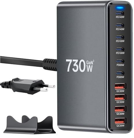 730 W Chargeur USB C Multiple, Station de Charge PD 140 W 100 W 65 W, Chargeur Rapide à 10 Ports Chargeur GaN-III Compatible avec MacBook, iPad, iPhone séries 16/15/14, Galaxy S22/ S20,Dell, HP