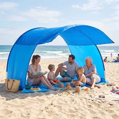 TOMSHOO Strandmuschel mit UPF 50+, Quick-Up, windaktiviert, stabil mit Sandsäcken, extra großer Platz für 4–6 Personen, tragbares Strandzelt, für Strand, Sonnenschutz & Windschutz [270x195x220cm]