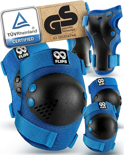 99FLIPS Inline Skateskydd för Barn Set 3-12 år [6-pack] - Knäskydd, Armbågsskydd och Handskydd - för Skateboard, Skoter, Utomhussporter - RISE - Storlek XS - BLÅ