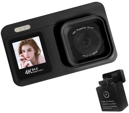 Cámara digital 4K con sensores de 64 MP, pantallas dobles, zoom de 18x, batería recargable para estudiantes, viajes, Vlog, cámara portátil con pantallas dobles