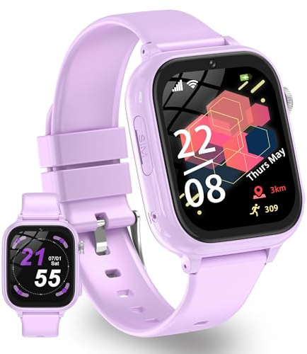 Montre Connectée Enfant GPS, 4G Montre Connectée Ado avec Telephone Appel Vidéo, WiFi, Bluetooth, SOS, Mode Classe, Face ID, App Store, Whatsapp, Réveil, IP68 Smartwatch Enfants Cadeaux (Violet)