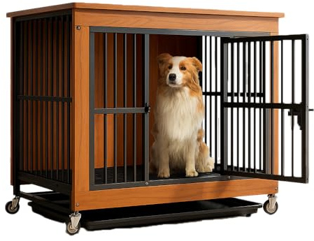 XINJIANFANGKE Hundekäfig Möbel für Wohnzimmer, 112×74×96cm XXL, Hundebox mit 2 Türen, Kausicherer Hundekäfig mit Rädern und Bremse, Walnuss Holzoptik, Hundekäfig für Hunde bis 40kg