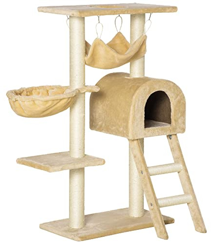 PawHut Árbol para Gatos Rascador con Poste para Arañar Nido Hamaca Plataforma Caseta Escalera Terciopelo Sisal Natural 55x30x100cm