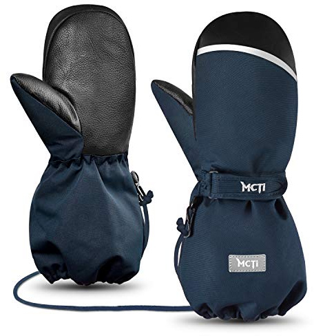 MCTi Kids Mittens Waterproof Winter Ski Warm Sherpa Lined Long Cuff with String (Blue, XX-Small(Fits 5-7 Years))