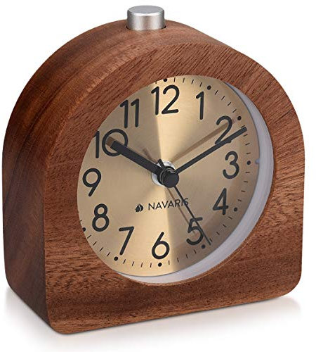 Navaris Sveglia analogica da Comodino in Legno - Orologio semicerchio Retro da Tavolo con Snooze - silenziosa quadrante Oro Legno Scuro Naturale