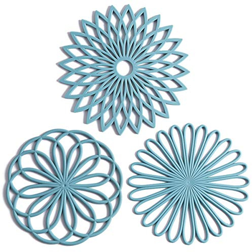 Set of 3 Silicone Trivet Mat - Non-Slip & Heat Resistant Modern Kitchen Hot Pads for Table & Countertop - Trivet for Hot Dishes, Turquoise