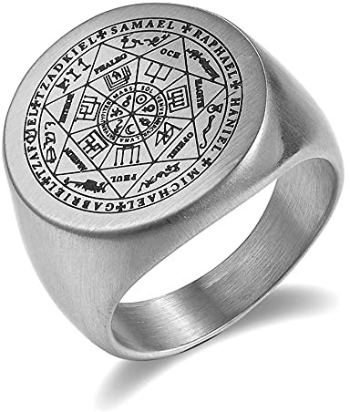JewelryWe Schmuck Herren-Ring mit Gravur Edelstahl Siegel der Sieben Erzengel Siegelring Silber Gold Schwarz Größer 54mm-72mm