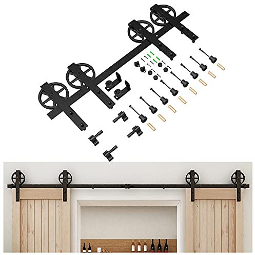CCJH 9FT/274cm Schiebetürsystem Speichenrad Schiebetürbeschläge Speichenrad Komplett-Set für Doppeltür Mit Einstellbar Bodenführung