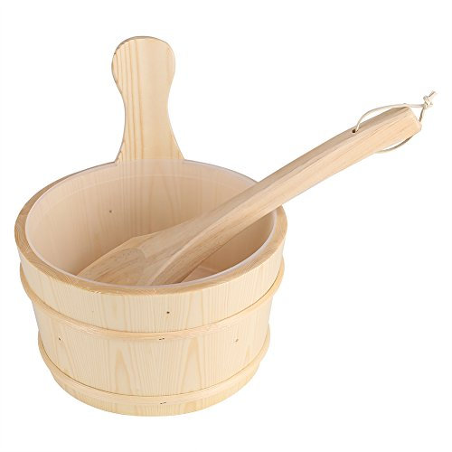 Tiiyee Sauna Bucket and Ladle Set, Bathroom Natural Wooden Water Bucket Plastic Liner Waterproof Traditional Spa Bath Accessory for Home Hotel