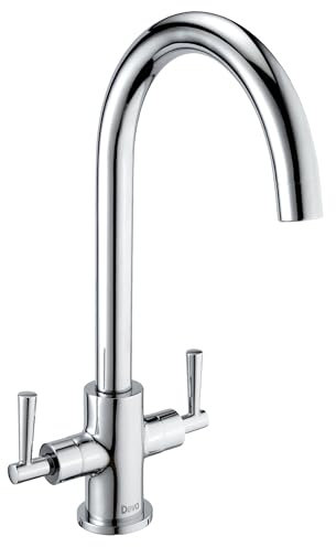 Deva NTN104 Twin Lever Kitchen Sink Mixer Tap with Chrome Finish Swivel Spout - Deck Mount Large Easy Flow Hot & Cold Dual Silver Handles - for Dual Single Basin - 12 Year Warranty