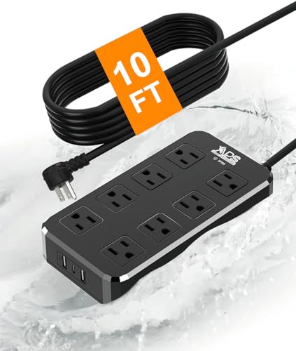 QIYUAN IPX6 Waterproof Outdoor Power Strip, Surge Protector with 8 Outlets & 3 USB Ports (2A1C), 10FT Flat Plug Extension Cord for Garden Patio - Fireproof ABS, Black