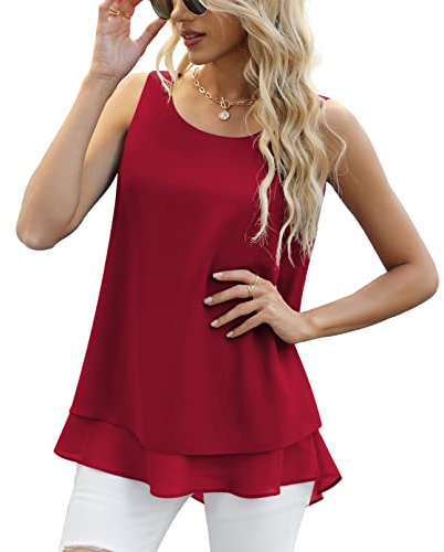 Yommay Débardeur en mousseline de soie pour femme, élégant, sans manches, business, décontracté, tunique, fluide, rouge bordeaux, S