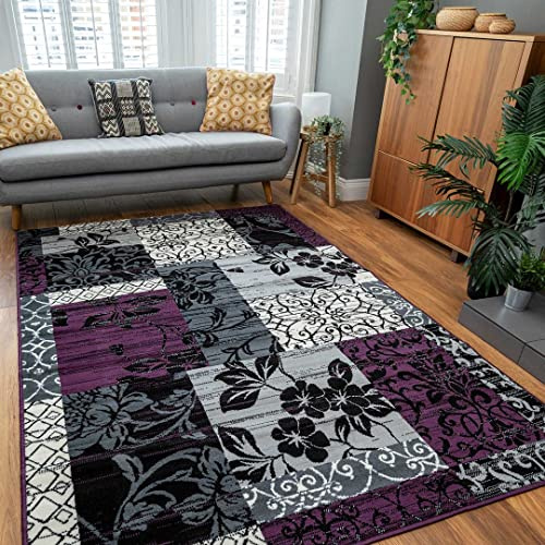 Modern Floral Patchwork Grey Durable Living Room Area Rug Stain Resistant Purple Oriental Classic Bedroom Entrance Carpet Mat Rugs 160cm x 230cm