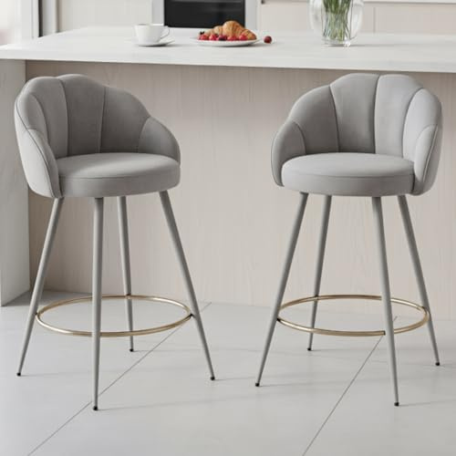 chairus Barstuhl 2er Set Samt Küchenhocker muschelform mit Lehne Grau | Modern Tresenhocker Gepolstert Barstuhl mit Metallbeine, Bistrohocker mit Fußstütze für Küche Hausbar Esszimmer