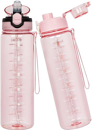 Seekua Sport Tritan Trinkflasche 1l mit Strohhalm & Zeitmarkierung, Große Wasserflasche mit Uhrzeit, Kohlensäure Geeignet Sportflasche für Fahrrad, Fitness, Gym, 2 Deckel, 1 liter