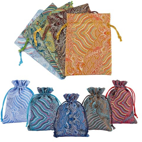 nbeads 10 Stk. 10 Stile Seide Kordelzug Tasche, Rechteckiger Beutel mit Wellenmuster Brokat-Beutel Chinesische Seide Brokat Münzgeldbeutel Stickerei Schmuck Tasche für Geschenke Schmuckbeutel