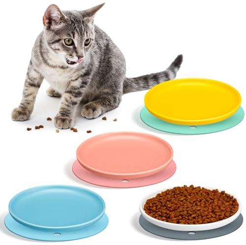 Blulu 4 Keramik Katzennäpfe mit 4 Rutschfesten Silikon Matten Flache Katzen Futternäpfe zur Erleichterung von Whisker Müdigkeit Katzenfutter Teller für Kätzchen Klein Haustiere Wasser Nassfutter