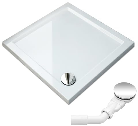 SONNI Duschkar med kvadratisk form 80 x 80 x 4 cm - halkfritt duschkar av ABS akrylpanel, med platt design, inklusive avloppsbeslag