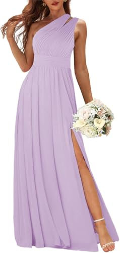 WSEYU Vestidos de dama de honor de un hombro para mujer, vestido formal fruncido de gasa con abertura, vestido de noche, Lila, 40