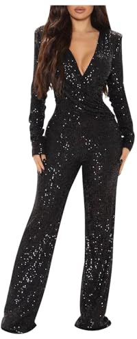 Zeiayuas Sequin Jumpsuit for Women UK Elegant V Neck Long Sleeve Romper Sparkly Glitter Playsuit Ladies Wedding Party Clubbing Rompers Office Evening Trousers Sexy Glitter Bling Clubwear