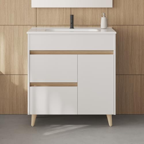 AMIZUVA - Mueble de Baño Kaori con 2 Cajones y 1 Puerta - Lavabo Cerámico Blanco Brillo - 80x85,5x46 cm
