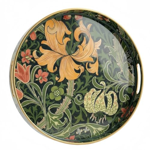 Simmer Stone Round Decorative Tray, Plastic with Handles, Modern Vanity nd Serving for Ottoman, Coffee Table, Kitchen and Bathroom, Size 13 INCH (Flower Vine Style Green)