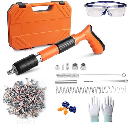 Yabingbos Manuelle Nagelpistole mit 5 Stufen einstellbarer Leistung, Tragbare Bolzenschussgerät mit 120 Stück runden Nägeln für Decken, Rohre, Stromkreisinstallation, Innendekoration (Orange Farbe)