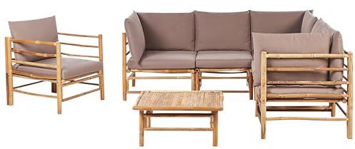 Modulär Hörnsoffgrupp i 7 delar Trädgård 5-sits med Fåtölj och Soffbord Bambu Naturliga Kuddar Taupe Cerreto