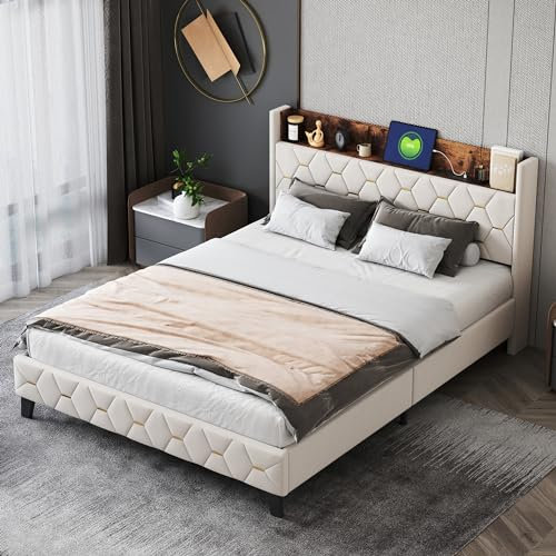 Polsterbett 160x200, Doppelbett mit Lattenrost, Kopfteil mit Staufach und USB-Ladefunktion, Funktionsbetten Jugendbett Gästebett Gepolstertes Bett Rückenlehne Bettgestell, Samt, ohne Matratze, Beige