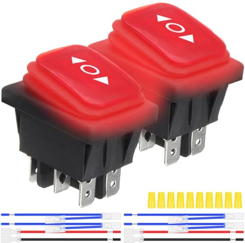 MKBKLLJY 2St. Momentaner Polaritätsumkehrschalter Wasserdichter Kippschalter DC 12V 20A Rotes LED-Licht beleuchtet 6Pin 3Position (ON)-Off-(ON) mit Überbrückungsklemme Drähte für Auto Boot