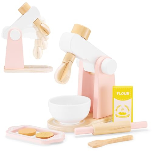 Mamabrum Mélangeur en Bois pour Enfants - Set Cuisine Jouet avec Bol, Rouleau, Cuillère, Assiette, Farine, 2 Biscuits - Jeu Éducatif Montessori 3+ Ans (Rose, 8 PièCes)