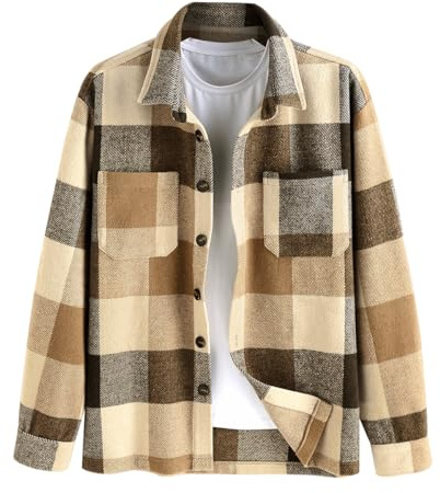 ZAFUL Lässig Kariertes Button Down Hemdjacke Herren Langarm Regular Fit Shacket mit Taschen (1-Braun,L)