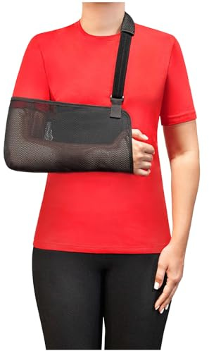 Armschlinge & Armbinde - Medizinprodukt aus atmungsaktivem Netzmaterial - Armtragetuch für linken & rechten Arm mit Schulterpolster & Daumenschlaufe 5002 Schwarz (S)