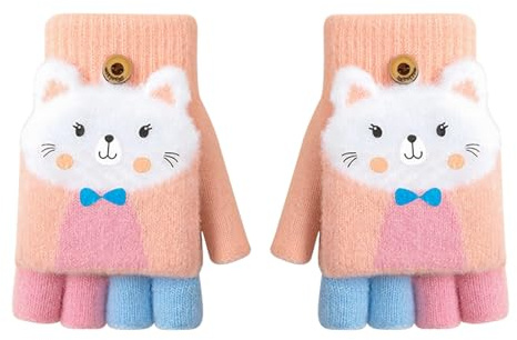 Cxryrzhe Kids Winter Gloves 6-10 Yrs for Girls,Convertible Flip Top Gloves Cartoon Light Pink Cat Thermal Knitted Gloves Knit Fingerless Gloves Warm Stretchy Mitten Cover