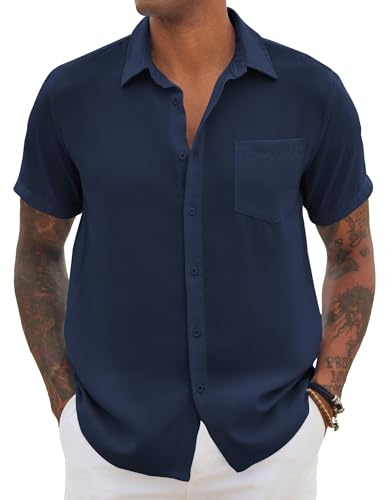 COOFANDY Hommes Chemises Manche Courte Casual Business Shirt Été Chemise Décontractée Chemise de Plage avec Poches Bleu Violet XL