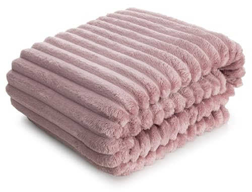 Design91 Kuschelige Decke mit Streifenmuster, Weiche Kuscheldecke, Soft, Gestreifte Sofadecke, Flauschige Wohndecke, Steppdecke, MIKROFASER (Rosa, 150 x 200 cm)
