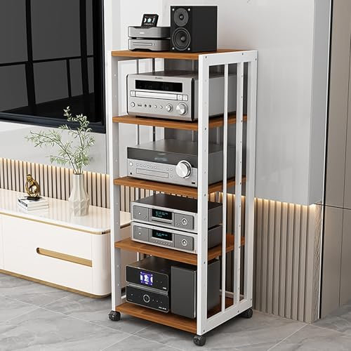 JIAOCKJIAO Audio Rack Hi Fi Regal, Beweglicher Phonoschrank, Record Player Stand mit Verstellbaren Regalen, Offener Plattenspieler Regal, mit Universalrad, Stahlrahmen(White+Brown,5 Tier 50x40x109cm)